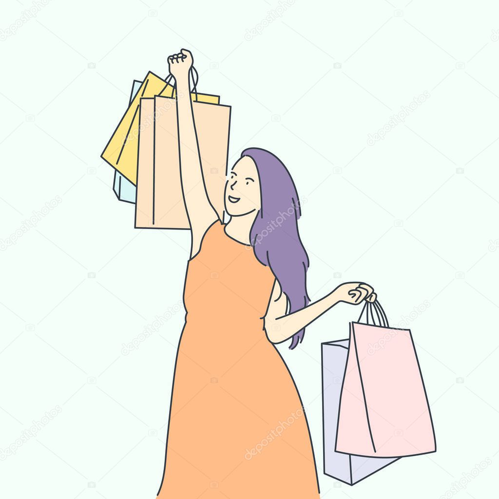 Shopping, sale, choice, store, buy concept. Cheerful young girl happy with shopping.