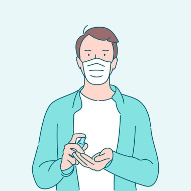 Man hands using wash hand sanitizer gel pump dispenser. Hand drawn style vector design illustrations.	