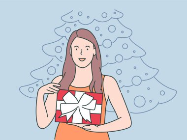 Holiday, gift, celebration concept. Young happy cheerful smiling excited woman girl holding carrying present. New year christmas or birthday gifts giveaway illustration.	