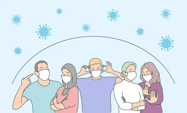 Salud Coronavirus Ncov Covid Concepto Conjunto Protección Multitud Personas Con — Vector de stock