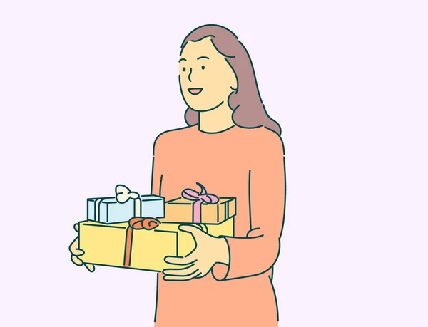 Christmas New Year Concept Happy Young Girl Woman Keeps Boxes — Stok Vektör
