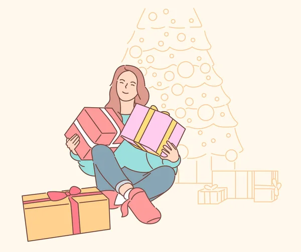 Young Happy Smiling Woman Cartoon Character Holding Carrying Many Presents — Stock vektor