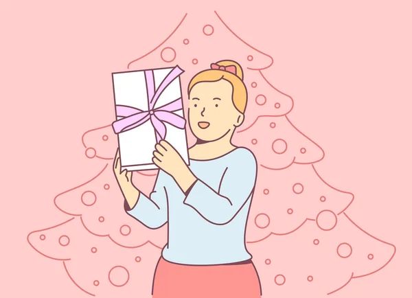 Christmas New Year Concept Young Cheerful Blonde Girl Holding Gift — Wektor stockowy