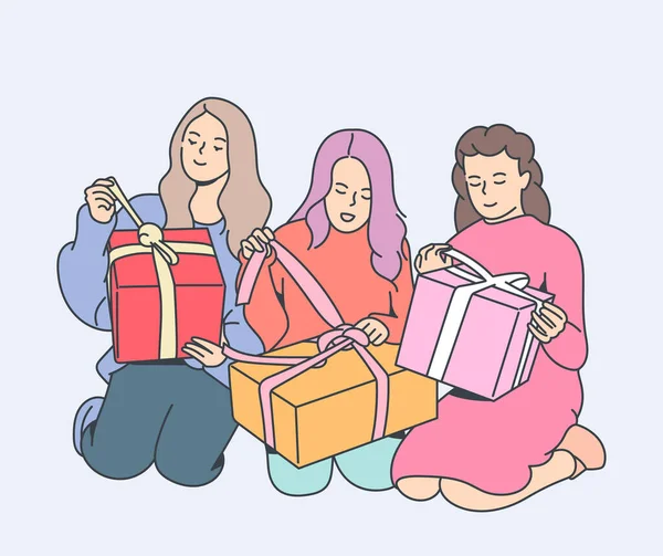 Urlaub Geschenk Feier Glückliche Junge Schwestern Verbrachten Zeit Hause Mädchen — Stockvektor