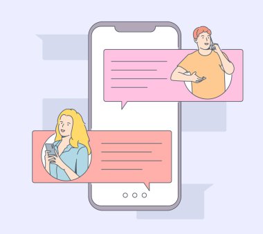 Online communication, social media or network concept. Man, woman couple chatting, Messaging using chat app or social network.	