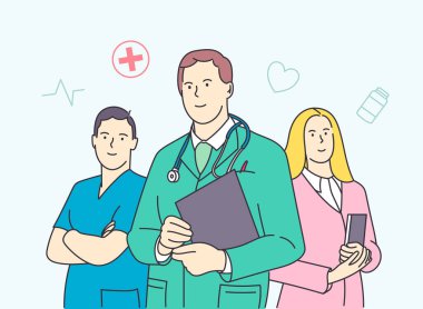 Sağlık, tıp, takım, liderlik konsepti. Bir grup güler yüzlü erkek ve kadın doktor meslektaşları çizgi film karakterleri.