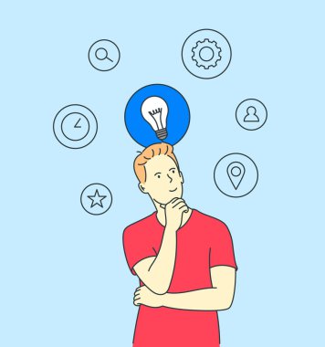 Thinking, idea, search, business concept. Young man or boy, thought choose decide dilemmas solve problems finding new ideas.	
