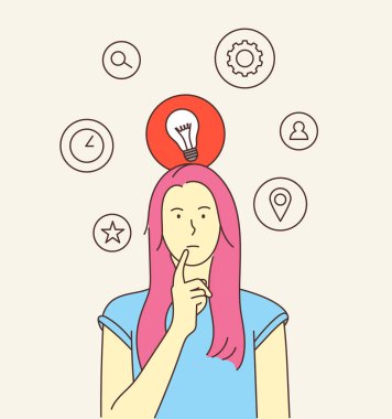 Thinking, idea, search, business concept. Young woman or girl, indecisive lady thought choose decide dilemmas solve problems finding new ideas.	