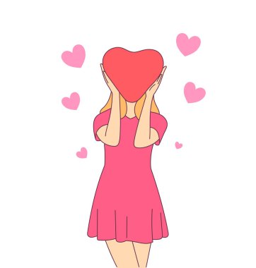 Aşk, Sevgililer Günü konsepti. Kağıt kalpli romantik bir genç kız. Modern satır biçimi illüstrasyonu