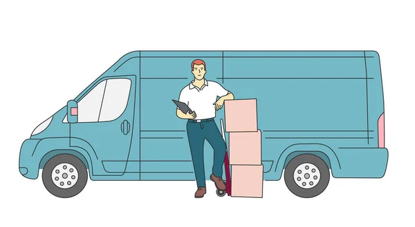 快递服务的概念 快递员拿着装有送货卡车的包裹 — 图库矢量图片