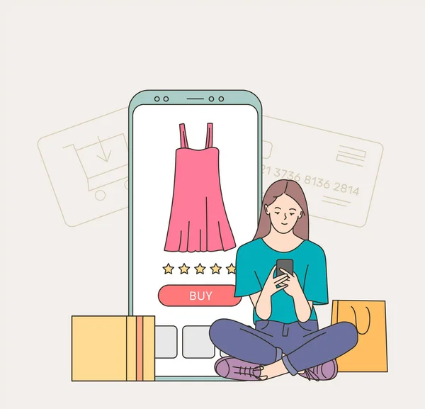Young Woman Customer Cartoon Character Buyer Hold Phone Making Payment — стоковий вектор