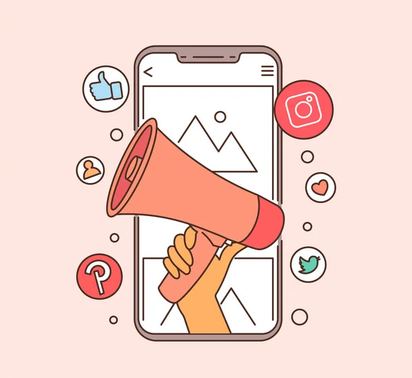 Mobile Marketing Digital Marketing Concept Hand Holding Megaphone Coming Out — Stockvector