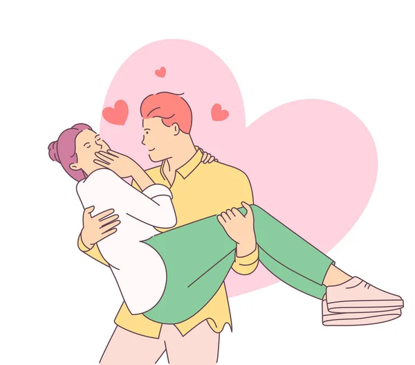 Liefdesverhaal Valentijnsdag Concept Knappe Man Cartoon Karakter Vasthouden Aan Handen — Stockvector