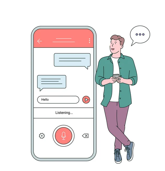 Reconhecimento Voz Conceito Reconhecimento Fala Homem Menino Segurando Smartphone Falar — Vetor de Stock