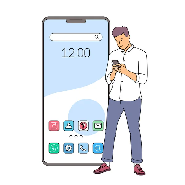 Concepto Interfaz Teléfono Inteligente Pantalla Inicio Joven Hombre Sonriente Pie — Archivo Imágenes Vectoriales