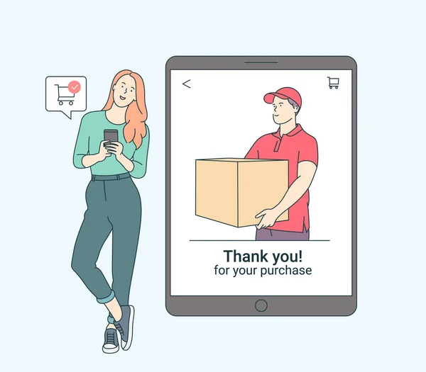 Paiement Ligne Technologie Achats Concept Téléphonie Mobile Femme Souriante Avec — Image vectorielle