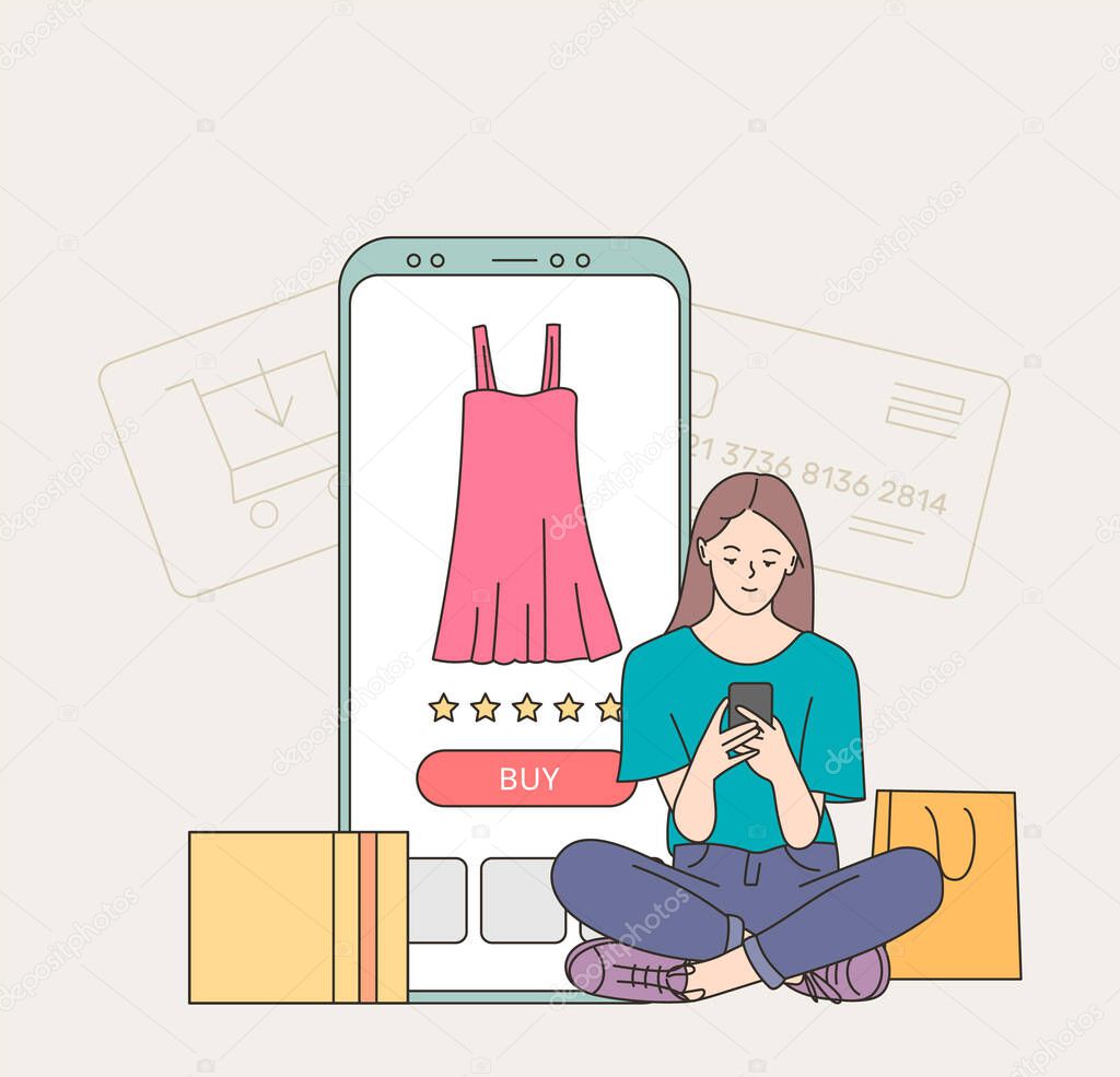 Young woman customer cartoon character buyer hold phone, making payment online. Web catalogue and confirmation purchase remotely illustration.	
