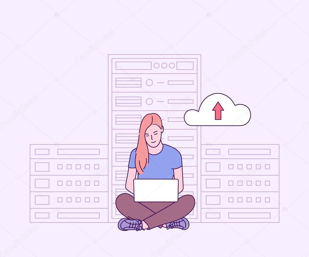 Online security, data protection, antivirus software, cloud hosting concept. Young woman IT administrator working in server room for hardware diagnostic.	