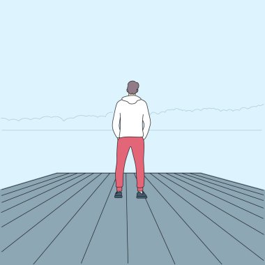 Yürüyüş, kişisel yolculuk ve yalnız seyahat kavramı. Sırt çantalı kişi orman ve göl manzarasını izliyor..