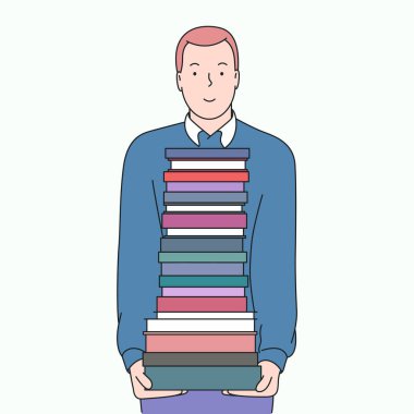 E-öğrenme ya da kendi kendine eğitim kavramı. Kitap yığını olan öğrenci