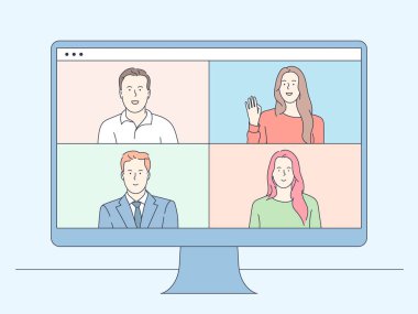Video konferans ve online iletişim vektörü konsepti. Bir grup insan iş bölümü dizüstü bilgisayarda uzak bir online toplantı yapıyor. Düz vektör illüstrasyonu