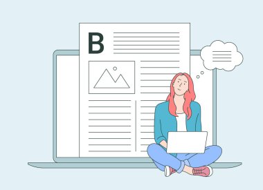 Meslekler, blog yazma, video bloglama konsepti. İnternette, sosyal medyada, blog yazarken dizüstü bilgisayar kullanan tatlı bir kız..