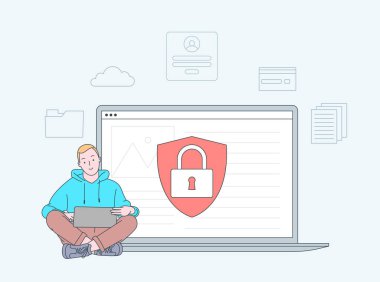 Veri sızıntıları, veri sızıntısı önleme kavramı. Kişisel dijital güvenlik. Savunma, hackerlara karşı koruma, dolandırıcılar. Düz vektör illüstrasyonu
