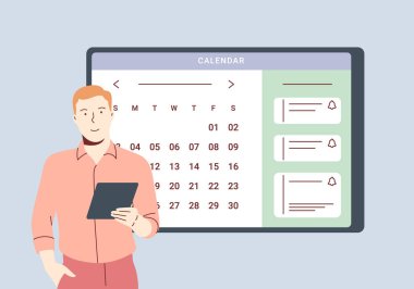 Planlama takvimi ve online takvim konsepti. İş adamı planlama günü randevusu takvim başvurusunda. Adam olay ekliyor, planlama uygulamasında hatırlatıcılarla buluşuyor.