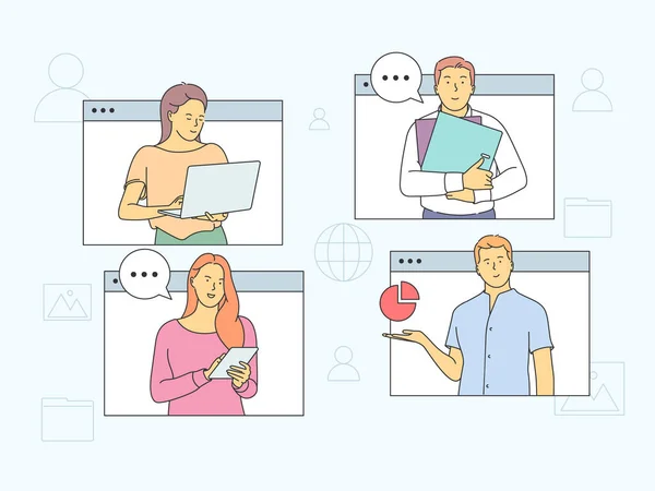 Online Meeting Virtuelle Konferenz Und Videokonferenz Konzept People Partner Treffen — Stockvektor
