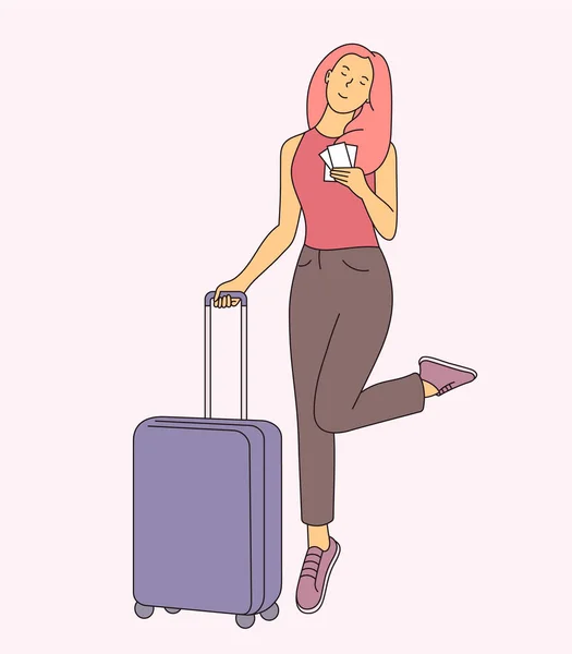 Conceito Férias Viagem Negócios Jovem Mulher Sorridente Como Viajante Trazer — Vetor de Stock