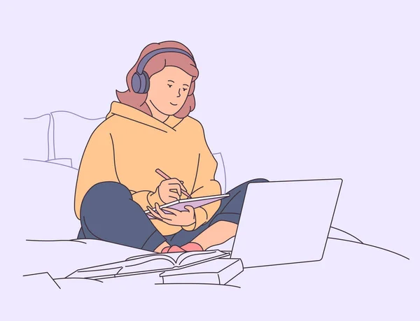 Onderwijs Studie Leerconcept Meisje Studeert Bed Met Laptop Boeken — Stockvector