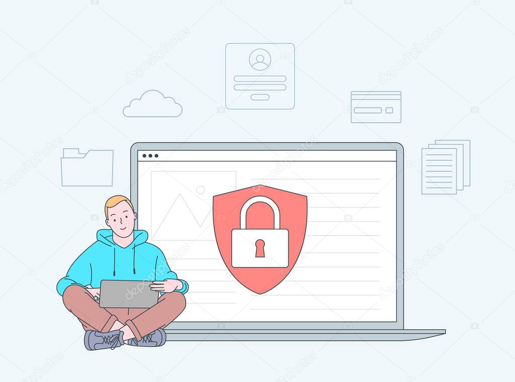 Data breaches, data leakage prevention concept. Personal digital security. Defence, protection from hackers, scammers. Flat vector illustration