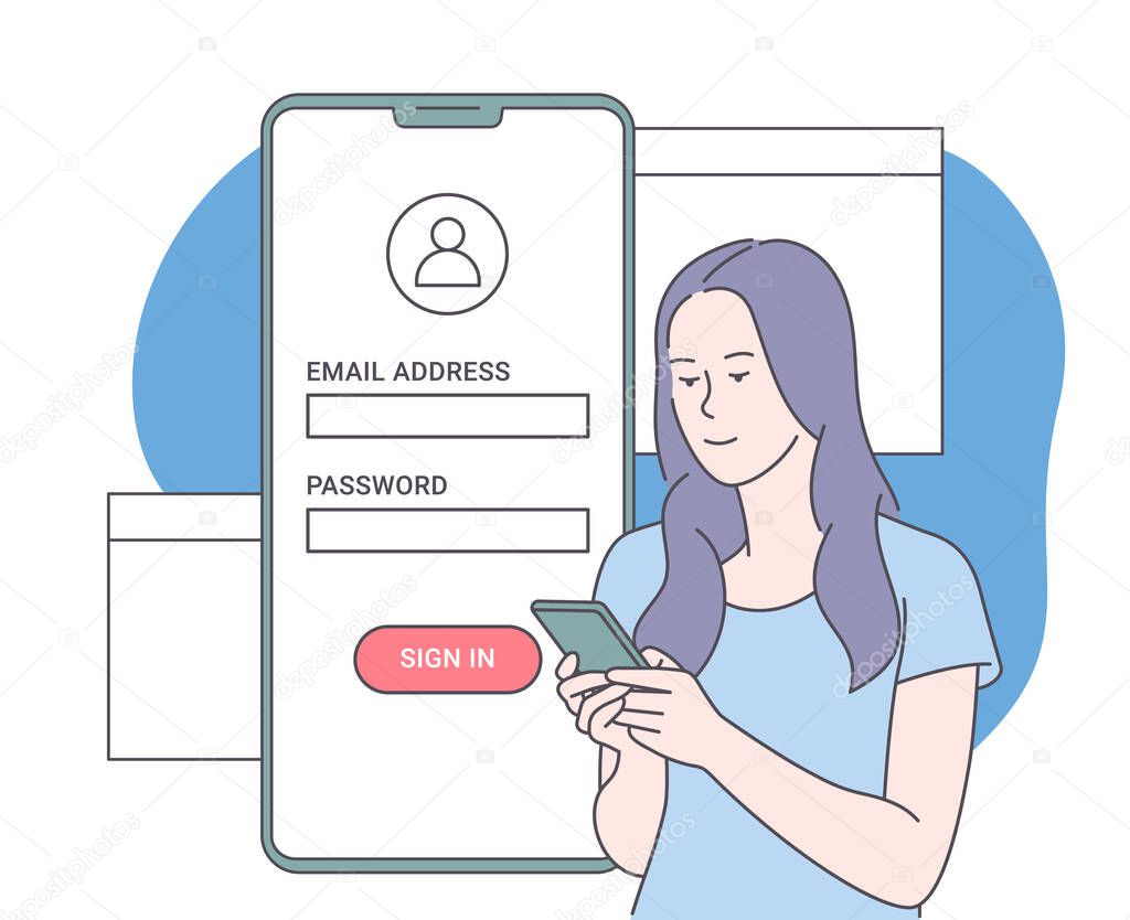 Online registration and sign up concept. Young woman signing up or login to online account on smartphone app. User interface. Secure login and password.