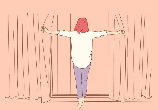 Hause Frische Luft Lüftung Windkonzept Junge Frau Cartoonfigur Öffnet Fenster — Stockvektor