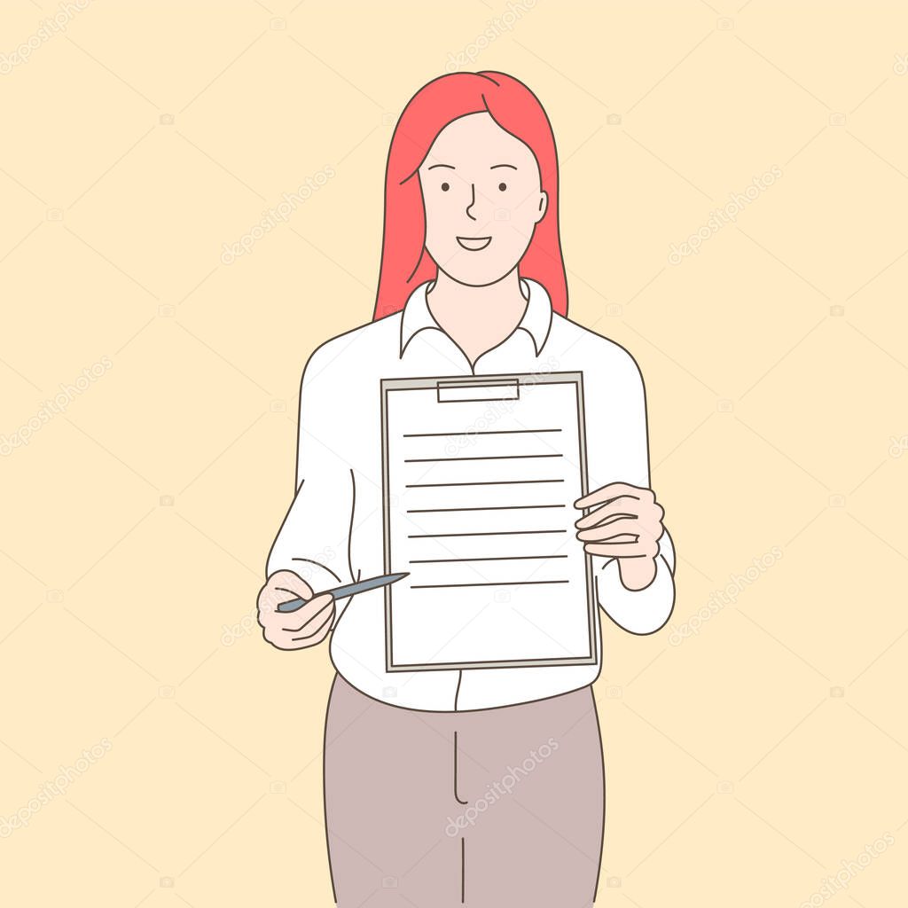 Agreement conclusion, business partnership, documentary coherence concept. Businesswoman in office suit holding a document in which all approved, validated, agreed. 