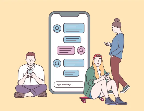 Grup Sohbeti Sohbet Mesajları Online Iletişim Konsepti Gençler Konuşuyor Daktilo — Stok Vektör
