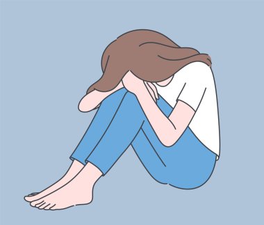 Umutsuzluk, hüsran, depresyon. Genç bunalımlı umutsuz kadın çizgi film karakteri yerde oturup yüzünü kapatarak ağlıyor.