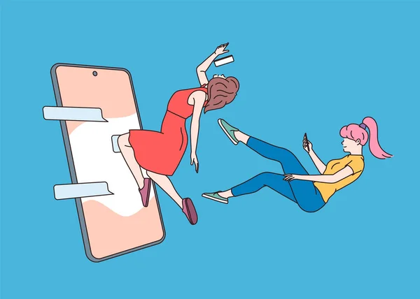 Social Media Chat Communication Young Womans Flying Holding Smartphone Chatting — Stockvector