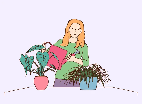 家庭植物や家庭菜園 若い女性の散水観葉植物 鉢植えやハーブの栽培と手入れ — ストックベクタ
