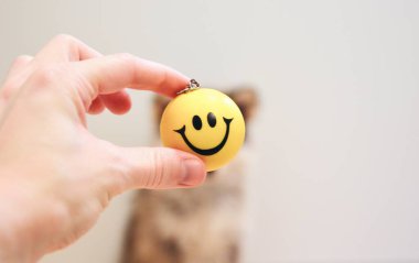 Yavru bir köpeğin yüzüne gülümseyen birinin komik bir fotoğrafı.