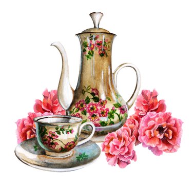 El çizimi suluboya çizimi - porselen çaydanlık ve fincan, pembe çiçekler