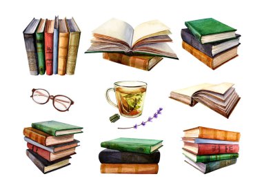 Set of watercolor stack of books, cup of tea, glasses, lavender. Elements clipart clipart