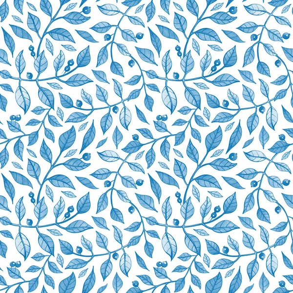 Blue watercolor pattern with branches and berries. Hand drawing seamless background for wrapping paper, postcards, wallpapers