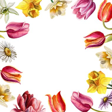 Bahar çiçekleriyle çerçevelenmiş. Tebrik kartları, davetiyeler, çiçek geçmişi için suluboya resimleme. El çizimi