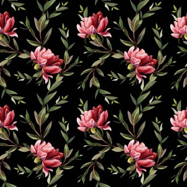 Siyah bir arka planda çiçek deseni var. Suluboya şakayıklar ve yeşil dallar. Kumaş, hatıra defteri, duvar kâğıdı için tasarım. El çizimi