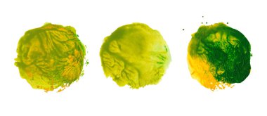 El çizimi akrilik daireler. Monotip, kişilik. Soyut doku. Yuvarlak dekoratif elementler, noktalar. Yeşil, sarı, açık yeşil renkler