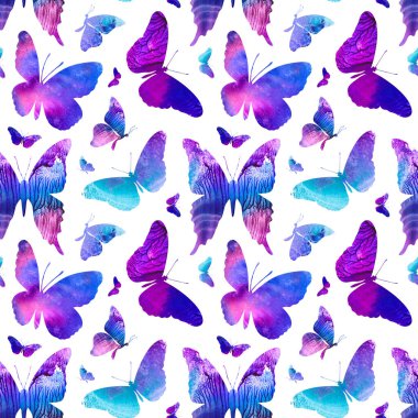 El çizimi pürüzsüz desen. Beyaz arka planda kelebekler. Suluboya dokusu. Monotip, kişilik. Mavi, mor, pembe, renkler. Yaratıcı duvar kağıdı veya tasarım işi, etiket, ambalaj, kumaş