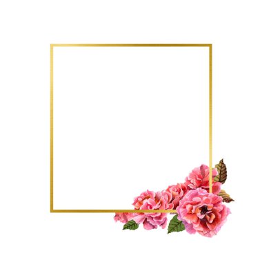 Elle çizilmiş altın kare çerçeve. Suluboya pembe çiçekler ve yeşil yapraklar. Düğün konsepti. Tebrik kartı, davetiye, poster tasarımı