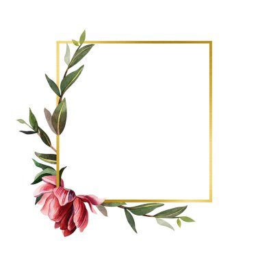 Elle çizilmiş kare altın çerçeveli çiçekler. Beyaz arka planda suluboya şakayık ve yeşil dallar. Kart kalıbı. Düğün konsepti. Tebrik kartı, davetiye, poster tasarımı