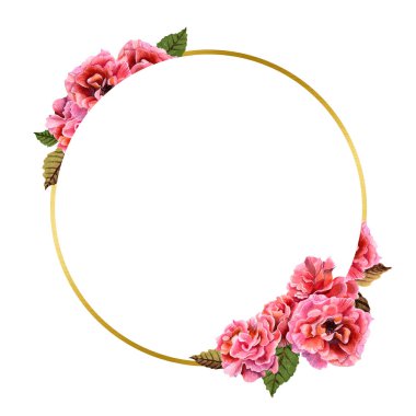 Elle çizilmiş altın çerçeve. Beyaz arka planda suluboya pembe çiçekler ve yeşil yapraklar. Düğün konsepti. Tebrik kartı, davetiye, poster tasarımı